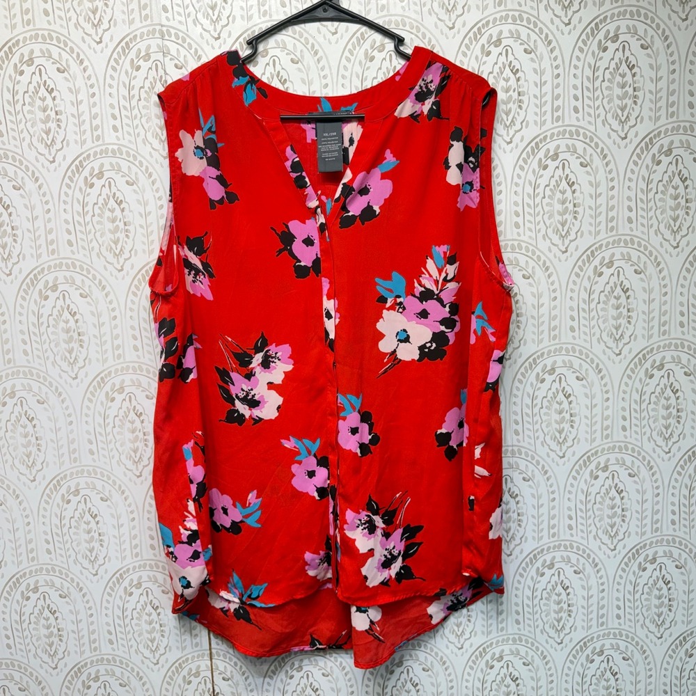 Chelsea & Theodore Floral Blouse Womens XXL Red Sleeveless Pintuck V-Neck Top